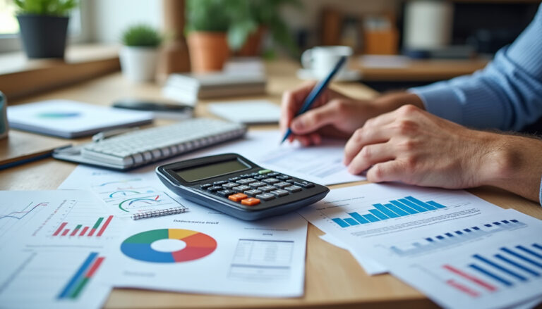 Micro-entrepreneur calculant ses charges face à des factures sur son bureau