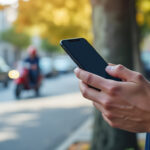Livreur consultant son application de paiement sur smartphone