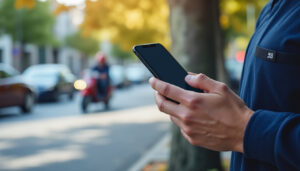 Livreur consultant son application de paiement sur smartphone