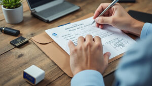 Courrier administratif et dossier de contrôle posés sur un bureau d'entreprise
